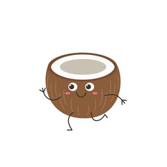 Coconut character cartoon running cute funny smiling face happy joy emotions icon vector illustration.