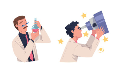 Man Scientist Character in White Coat Conducting Experiment and Research Vector Set