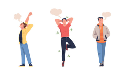 Fototapeta premium Man Character Dreaming Imagining and Fantasizing Having Spontaneous Thought in Bubble Vector Set