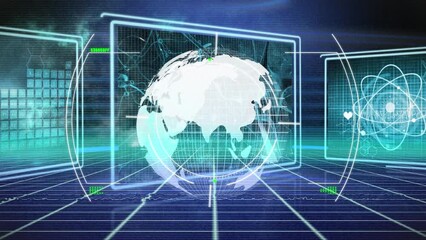 Animation of glitch effect and scope scanning over globe against screens with data processing - Powered by Adobe