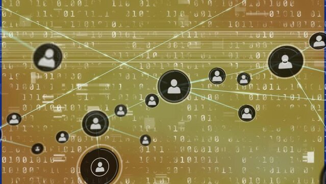 Animation of network of profile icons over binary coding data processing against yellow background