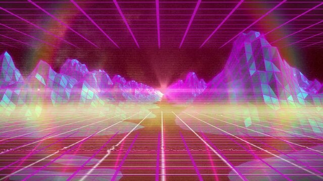 Animation of pink grid network and rainbow lens flare over metaverse structures on red background