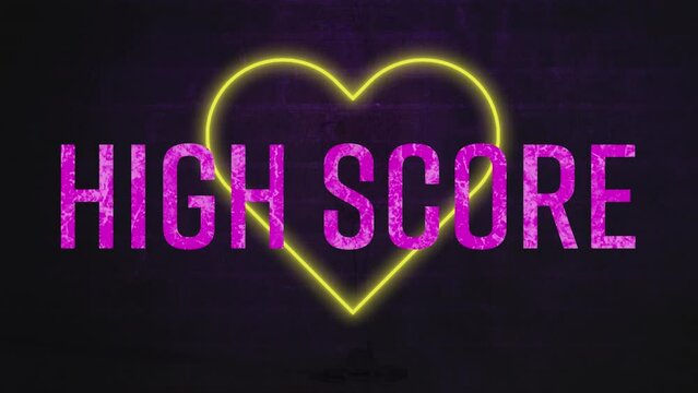 Animation of pink high score text banner over neon yellow heart icon against grey brick wall