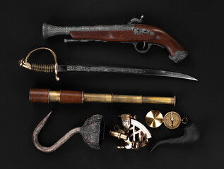 pirate items isolated on black background