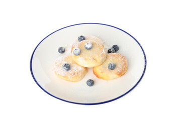 Concept of tasty sweet food, cheese pancakes, isolated on white background