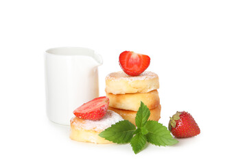 Concept of tasty sweet food, cheese pancakes, isolated on white background