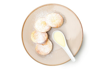 Concept of tasty sweet food, cheese pancakes, isolated on white background