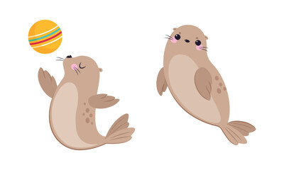 Funny Seal with Cute Snout Having Beige Fur and Fins Floating and Playing Ball Vector Set