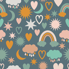 Rainbows, clouds, suns, raindrops, stars and moons seamless repeat pattern for kids suitable for clothes, nursery, fabric, home decor, wrapping paper etc.