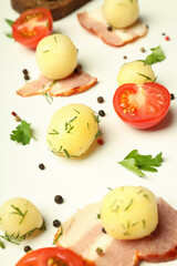 Concept of tasty food with boiled young potatoes, close up