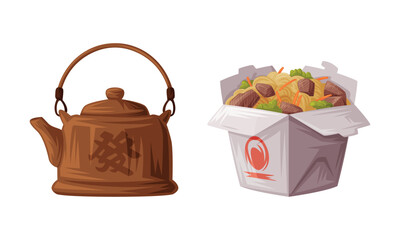 Ceramic Brown Teapot and Carton with Noodles as China Object and Traditional Cultural Chinese Symbol Vector Set