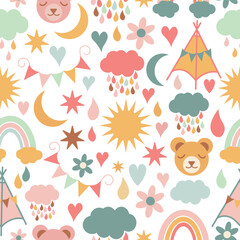 Rainbows, clouds, suns, raindrops, stars, moons, tents, hearts, flowers and buntings seamless repeat pattern on white background for kids suitable for clothes, nursery, fabric, home decor, wrapping