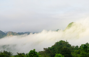 Scenic tropical forest landscape sunlight with morning fog in mountain valley during monsoon season, tropical country.