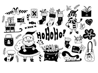 Christmas doodle. Collection Christmas decor, gifts and characters cute Santa Claus and snowman, sleigh and Christmas sock, candy, decoration, gingerbread and mistletoe. Isolated vector hand drawings.