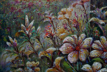 Fototapeta premium hand painted impressionism painter flick the abstract oil color painting flower petal background colorful mix colors oil paints of artwork bright colors element art blossom bloom botanical vegetation