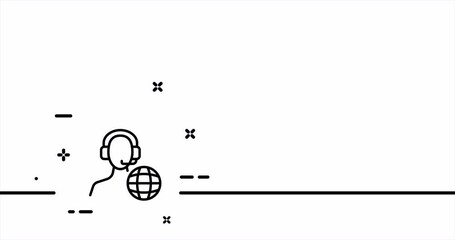 Computer worket with globe. Office, statement, operator, call center, support service, headphones. Hotline concept. One line drawing animation. Motion design. Animated technology logo. Video 4K