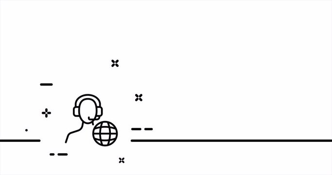 Computer worket with globe. Office, statement, operator, call center, support service, headphones. Hotline concept. One line drawing animation. Motion design. Animated technology logo. Video 4K