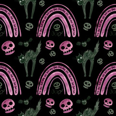 Halloween seamless pattern with purple skulls, bats, frightened black cat and rainbows. Spooky digital scrapbooking paper on white background.