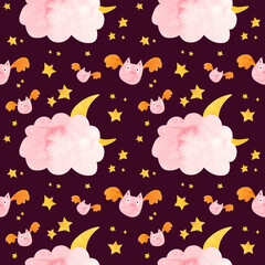 Kids Halloween seamless pattern with pink bat and moon behind the clouds.  Cute childish digital scrapbooking paper on white background.