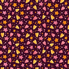 Baby seamless pattern with pink and orange stars and hearts. Cute childish digital scrapbooking paper on white background.