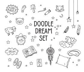 Sleep dream cute outline Doodle icons. Sleeping simple cartoon drawing style. 