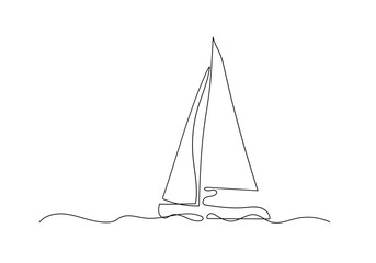 Continuous line drawing of a sailboat in the sea. Minimalism art.