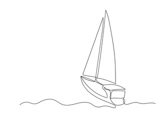 Continuous line drawing of a sailboat in the sea. Minimalism art.