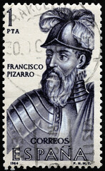 Francisco Pizarro portrait on spanish postage stamp