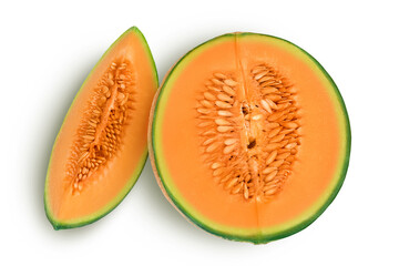 Cantaloupe melon half isolated on white background with full depth of field. Top view. Flat lay - obrazy, fototapety, plakaty