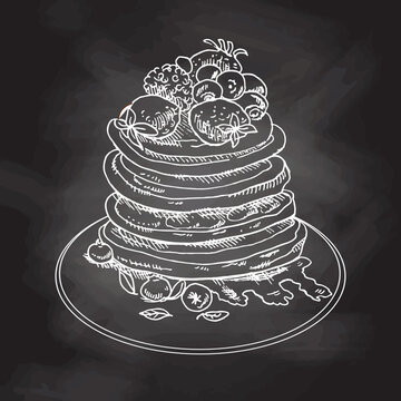 recommend clip art: Vector vintage pancake drawing. Hand drawn monochrome food illustration. Sketch of Pancakes with berries and syrup. White sketch isolated on black chalkboard.