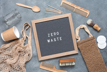 Zero waste concept. Bath accessories and kitchen utensils are eco-friendly. Zero waste inscription...