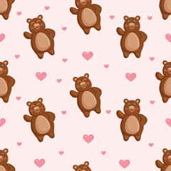 Fototapeta premium Seamless vector pattern with forest brown bears and hearts. Vector illustration for fabric, texture, wallpaper, poster, postcard. Editable elements. Cartoon design.