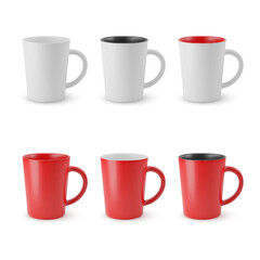 Illustration of Six Realistic Empty Ceramic Coffee Cup or Tea Mug on a White Background. Isolated Mockup with Shadow Effect, for Web Design, and Printing