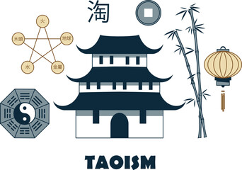 Taoism. Vector concept of traditional Chinese religion symbols.