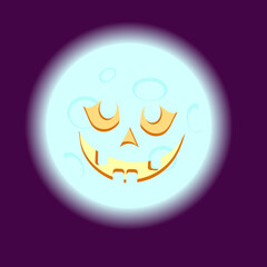 Evil full moon with jack pumpkin smile on dark purple background. A separate element for the design of greeting cards for Halloween, poster, poster, banner, creative projects.