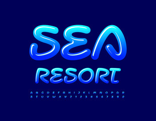 Vector travel emblem Sea Resort. Blue gradient Font. Handwritten Alphabet Letters and Numbers set