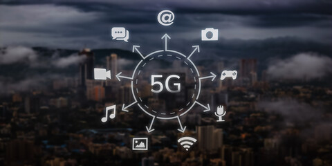 5g network with connection icon on the city background, viral, online marketing banner