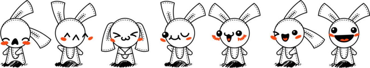 Outline Cartoon Rabbits. Emoticons, doodle faces, eyes and mouth. Caricature comic expressive emotions, smiling, crying and surprised character face expressions