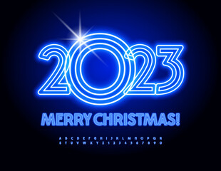 Vector glowing Greeting Card Merry Christmas 2023 with neon Alphabet. Trendy Blue Font. Electric Letters and Numbers