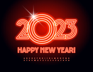 Vector neon greeting card Happy New Year 2023! Light tube Font. Red glowing Alphabet Letters and Numbers set