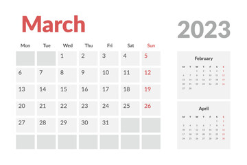 Calendar Template of march 2023. Vector layout simple calendar with week start monday.