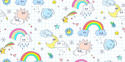 Cute doodle weather seamless pattern. Kawaii emotional weather ornament. Cute sun, moon and happy clouds