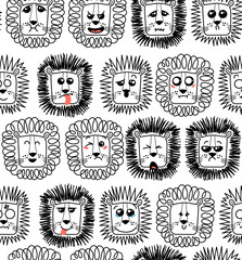 Seamless pattern with doodle cute Lion emoticons. Cute set of vector animals with emotions. Cartoon feline, lion for print, children and baby development