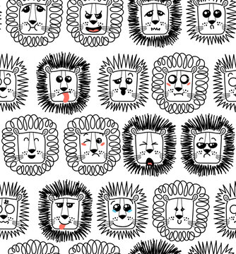Seamless pattern with doodle cute Lion emoticons. Cute set of vector animals with emotions. Cartoon feline, lion for print, children and baby development