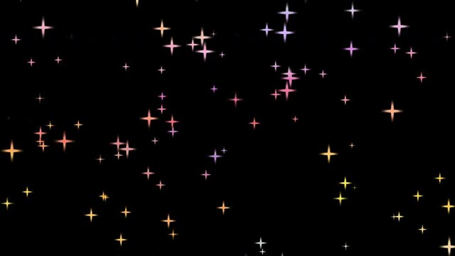 abstract colorful animated sparkling cartoon stars. isolated on black background. seamless loop. 25 fps