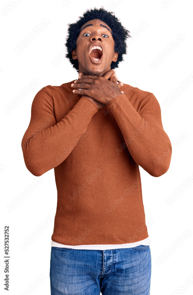 Sticker handsome african american man with afro hair wearing casual clothes shouting and suffocate because p