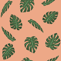 Monstera flowers seamless pattern drawn in flat style