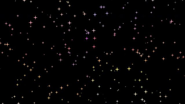 Abstract colorful animated sparkling cartoon stars. Isolated on black background. Seamless loop. Stars overlay. 29,97 fps 