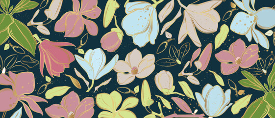 Vector poster with golden magnolia flowers on a black background. Line art style.