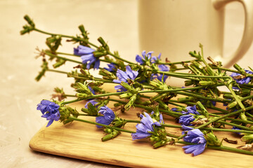 a mug with a drink and chicory flowers on a cutting board